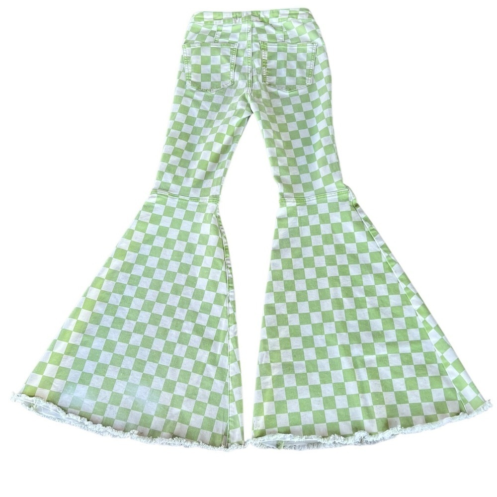 Free People Just Float On Flares Neon Green Checkerboard Bellbottom Jeans Sz 25 - Picture 5 of 15